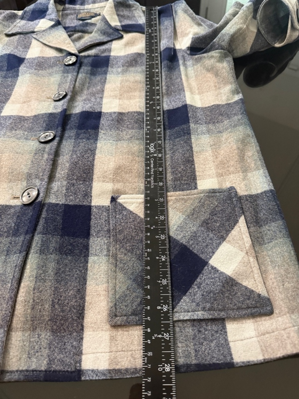 Pendleton Plaid Wool Button-Up Jacket in Navy, Cream & Tan S1 - Picture 12 of 13